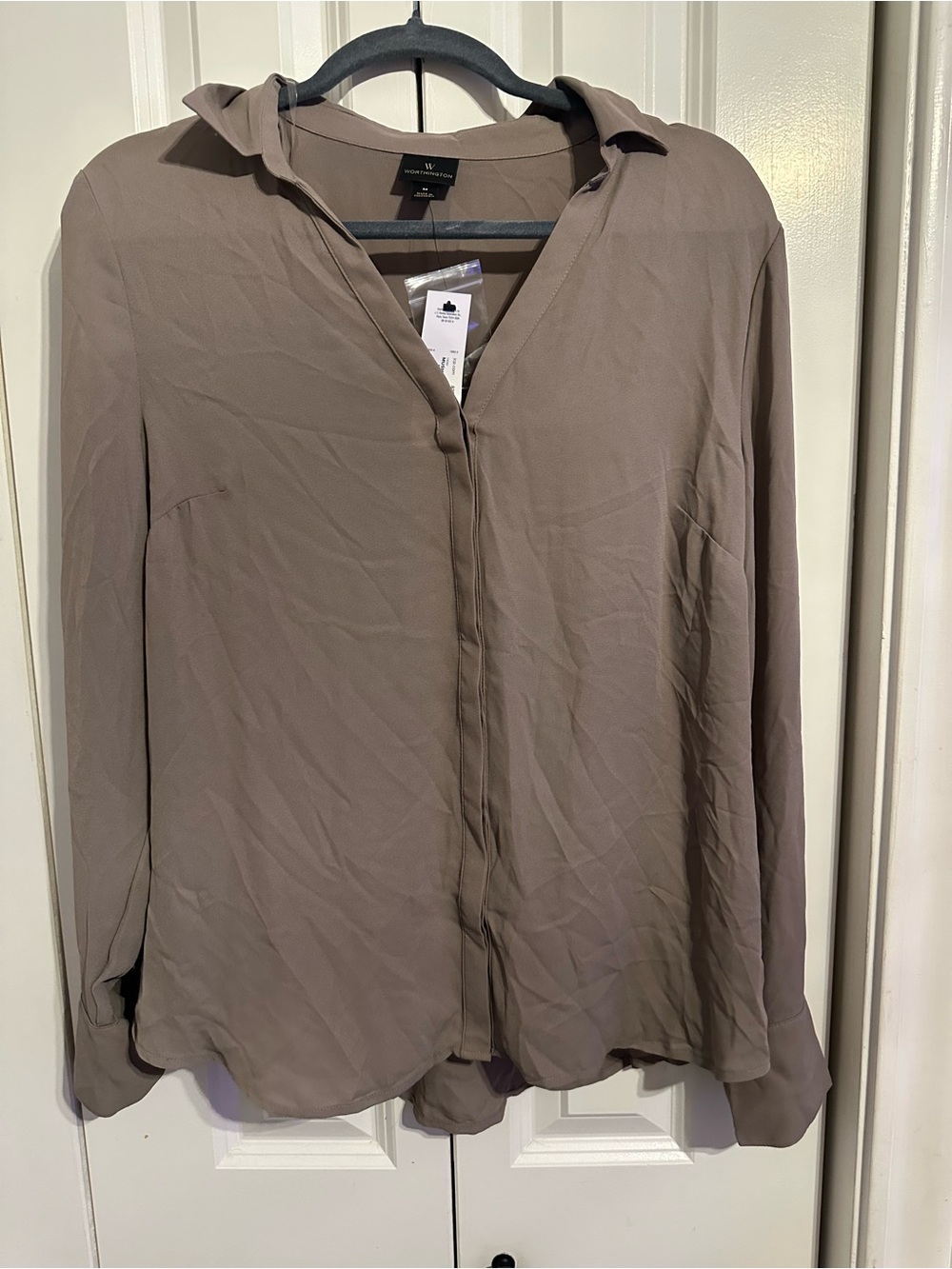 W by Worthington Taupe Button-Down Casual Shirt